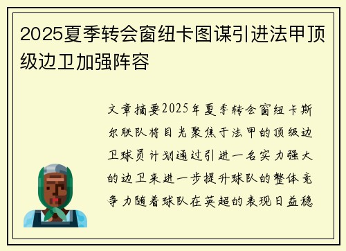 2025夏季转会窗纽卡图谋引进法甲顶级边卫加强阵容