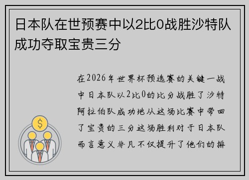 日本队在世预赛中以2比0战胜沙特队成功夺取宝贵三分