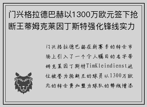 门兴格拉德巴赫以1300万欧元签下抢断王蒂姆克莱因丁斯特强化锋线实力